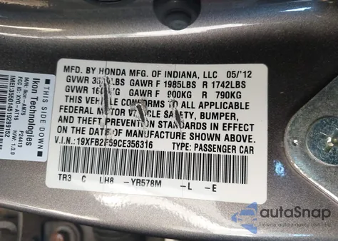 2012 Honda Civic Lx from USA, damaged, VIN 19XFB2F59CE356316